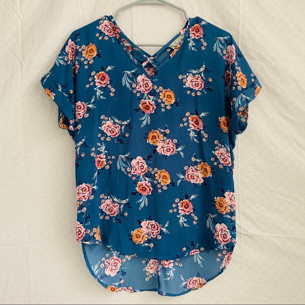 🖤 Pink Rose Blue Floral Blouse